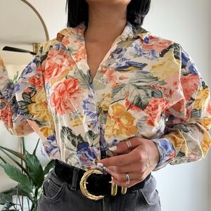 Vintage 90s fun floral  long sleeve button down shirt orange beige Medium